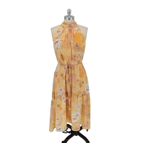 01594 Eliza J Floral Halter A Line Dress Yellow Size 10 preppy summer wedding - Picture 1 of 7